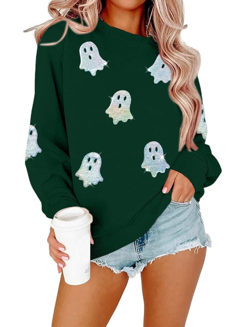 🆕 Women's Green Sequin Ghost Crewneck Halloween Spooky Sweatshirt Graphic Top